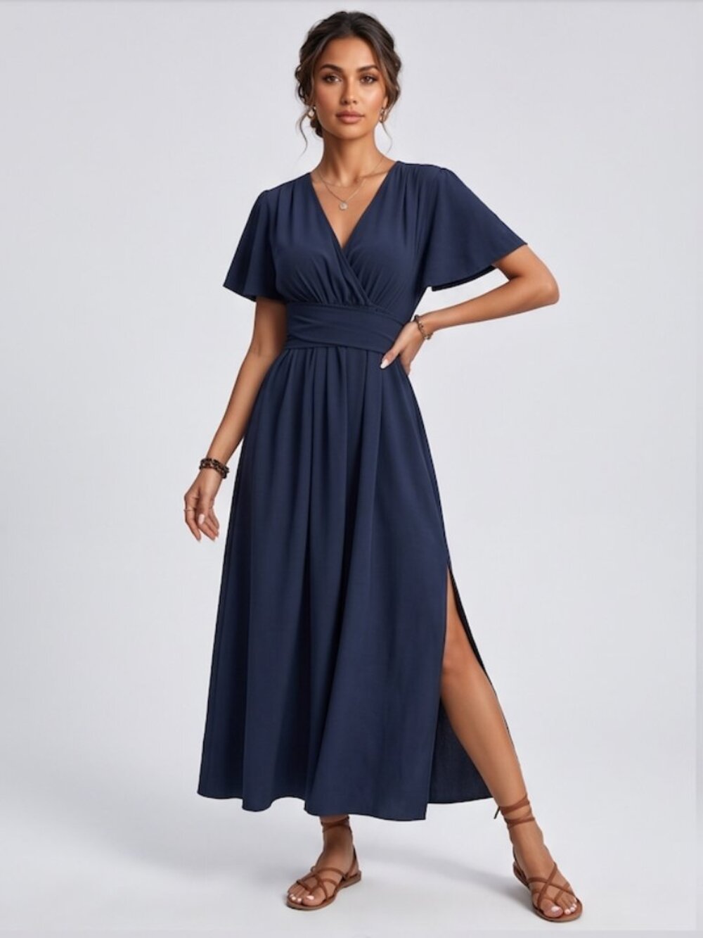 LAST ONE 🔥 Navy Blue V-Neck Maxi Dress with Flutter Sleeves